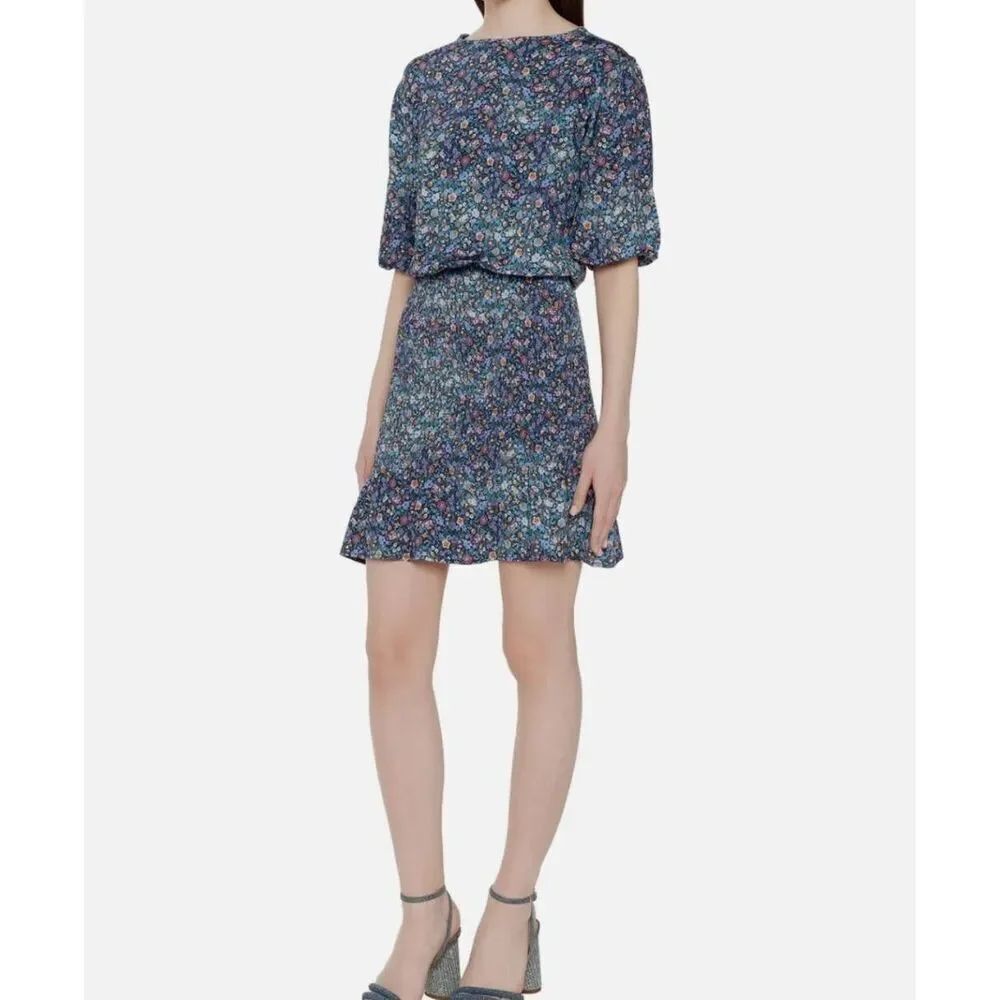 Sandro Pinelle Smocked Floral Mini Dress Blue Lilac 40 UK or 8 US